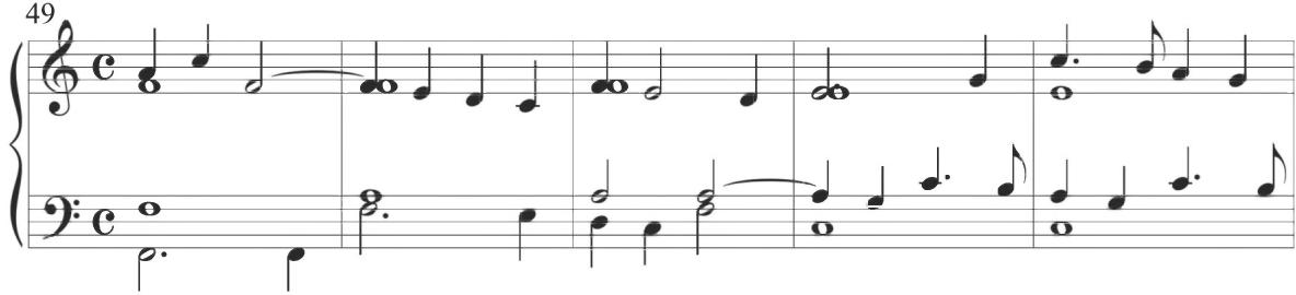 This passage employs a similar descending line, beginning with a rhythmically longer duration, as well as various dotted patterns, certain parallel motion, and a loosely analogous polyphonic consistency including full chords on fundamental beats and intervening scalar lines, continuing in only two lines. The following second section of the composition of Byrd, encompassing measures 13 to 24, maintains the general stylistic pattern of the immediately preceding structural section, with additional eighth-note figuration beginning at measure 18. A descending scalar line initiating with a dotted quarter note is repeated in differing voices in measures 18 through 20, as displayed below, while a similar motive comprising a turn figure and intermittent arpeggiation takes over the primary figuration in measures 21 and 22.