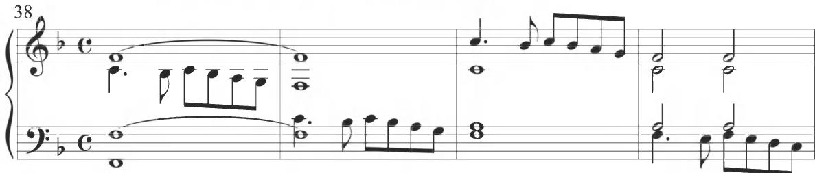 Cabezón, Diferencias sobre ‘¿Quién te me enojó, Ysabel?’, mm. 38-41；Similar patterns of figural arpeggiation are also presented in Cabezón&rsquo;s Diferencias sobre el &lsquo;Canto del Cavallero&rsquo;, as further displayed below.