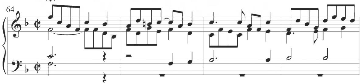 Cabezón, Diferencias sobre el &lsquo;Canto del Cavallero&rsquo;, mm. 64-67；The subsequent third variation of Byrd&rsquo;s composition, containing measures 25 to 36, initially presents a repeated and alternating motive comprising a series of descending thirds in consistent eighth notes, as demonstrated within the example below.
