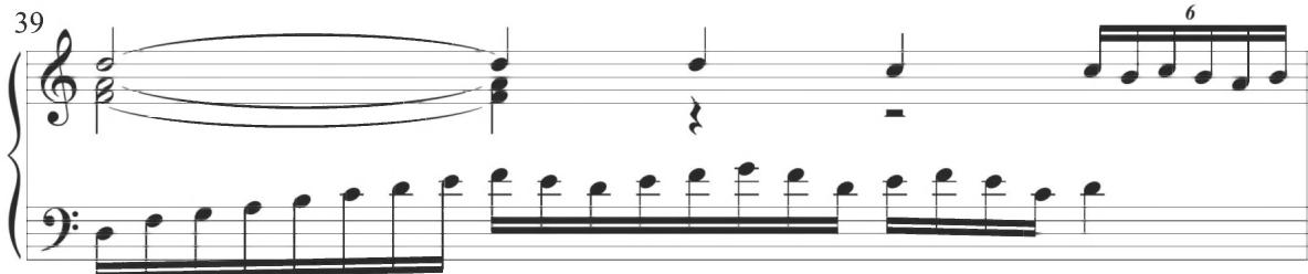 While Cabezón frequently incorporates differing forms of triplet passagework, this further ornamental sextuplet seems to be more characteristic of the slightly later English style. The distinctive preliminary descending pattern in alternating rhythmic values is also not specifically included within Cabezón&rsquo;s primary style, but similar figuration does appear throughout the later Italian and Spanish compositions, including the fifteenth partita of Trabaci&rsquo;s Partite sopra Rugiero, and the fifth section of Cabanilles&rsquo;s Pasacalles IV, as demonstrated below.