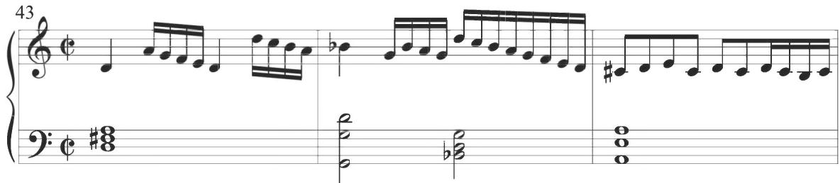 Cabezón, Diferencias sobre las Vacas (1), mm. 43-45；Further ornamental passagework in Byrd&rsquo;s variation presents the previous figural sextuplets at the conclusions of measures 52, 57, and 59. A repeated figure beginning with an eighth-note dotted rhythm and continuing in regular sixteenth notes is maintained within multiple polyphonic
