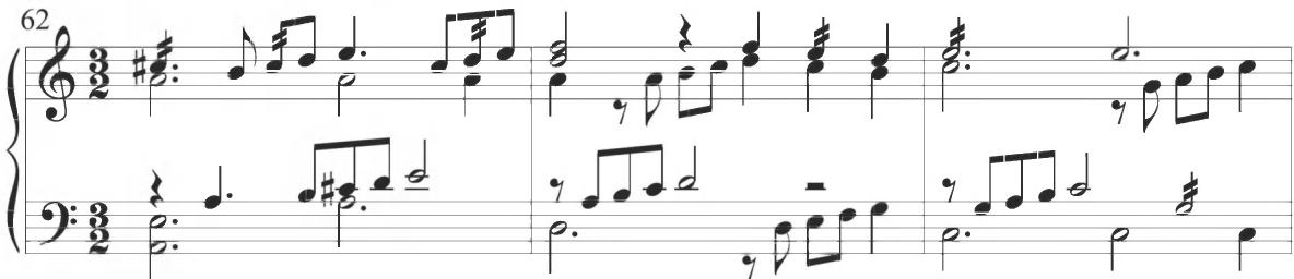 Byrd, All in a garden green, mm. 62-64；A similar pattern of figuration is displayed at the beginning of the fifth variation of Cabezón&rsquo;s preceding Diferencias sobre la Pavana Italiana, as further viewed below.