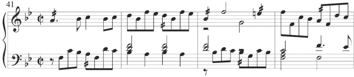 Byrd, Lord Willoughby&rsquo;s Welcome home, mm. 41-44；In the final variation of the Otras diferencias de Vacas, Cabezón incorporates similar intervallic motion and intervening scalar figures, as also demonstrated below. The earlier Spanish example provides additional alternation of rhythmic durations, but the general stylistic intent remains closely consistent.