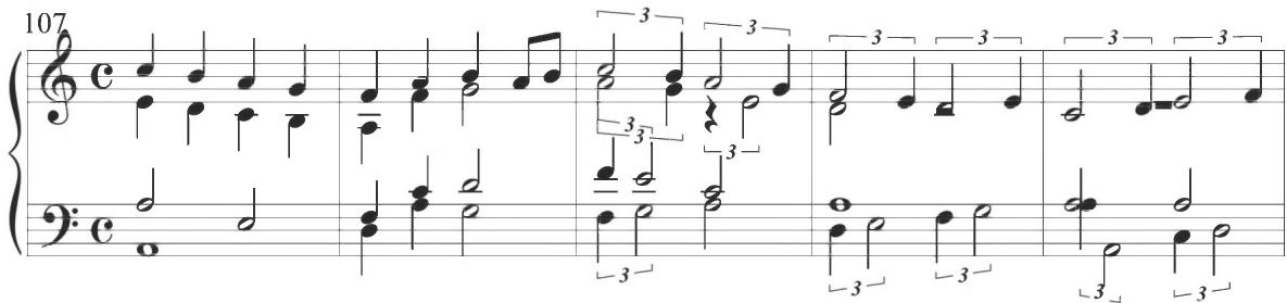 Cabezón, Diferencias sobre las Vacas (2), mm. 107-111；Byrd&rsquo;s following second and third variations maintain similar techniques of variation. The conclusion of the third section initiates further eighth-note passagework with a single, shifting line against a chordal accompaniment, a compositional pattern also noted in the earlier Spanish variations and continued throughout the fourth variation of the composition, in measures 61 to 80. The fifth structural section, including measures 81 to 100, provides a contrapuntal combination of multiple preceding musical procedures, incorporating initial parallel sixths, frequent dotted rhythms, as well as intermittent eighth-note figuration. A notational slowing occurs at measure 89, returning to the primary figural style of the first variation, while a repeated motive comprising an eighth-note turn pattern moves between various voices through the final phrase of the section.