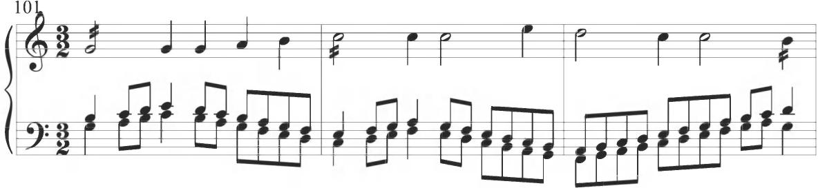 While similar parallel motion is regularly incorporated throughout Cabezón&rsquo;s diferencias, this type of extended stepwise figuration seems to be more indicative of the later musical style of Cabanilles, as observed within the tenth variation of the Pasacalles I, displayed below.