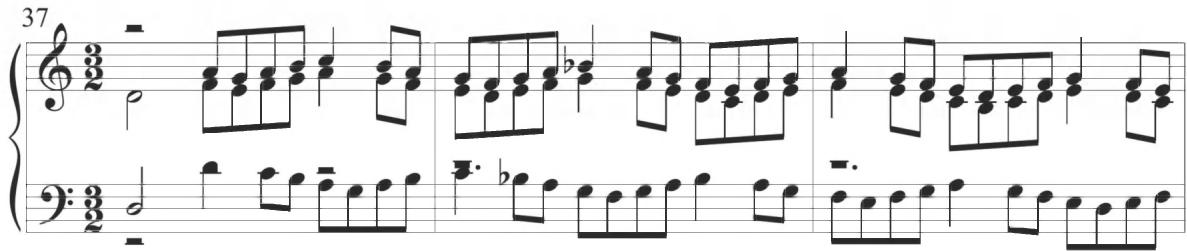 Cabanilles, Pasacalles 1, mm. 37-39；Further parallel and ultimately complementary contrapuntal activity in a style also frequently displayed in the previous compositions of Cabezón appears within measure 105 and 106 of the English variation, leading into a repeated scalar ascent beginning with a rest and concluding in the intervallic drop of an octave in measures 107 and 108. A descending passage incorporating repeated three-note ascending figures is presented against the standard rhythmic accompaniment at measures 109 to 111, as exhibited below. One further instance of parallel motion occurs in a