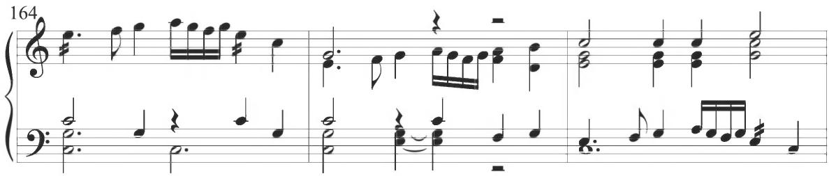 An additional repeated motive encompassing a simple eighth-note turn figure enters at measure 177, as exhibited below, with parallel thirds in this same motivic figuration at measure 179.