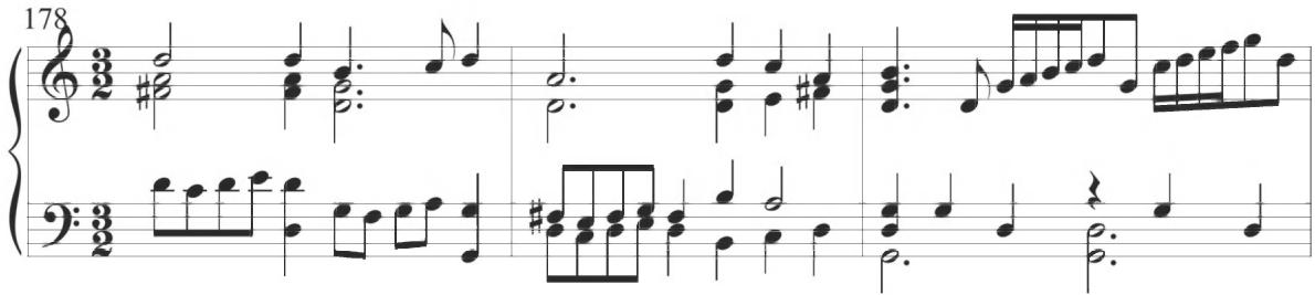 Byrd, Sellinger&rsquo;s Round, mm. 178-180；A final musical pattern with an ascending line of scalar sixteenth notes and ultimate intervallic drops is continued in measure 180 and 181 before a concluding cadential chord at measure 182. While similar forms of figuration are found throughout the comparable Spanish compositions, a particular example of repeated eighth-note turn figures and motivic imitation in alternating eighth notes and scalar sixteenth is shown in Cabezón&rsquo;s Diferencias sobre el Villancico &lsquo;¿Quiénte me enojó, Ysabel?&rsquo;, as demonstrated below.