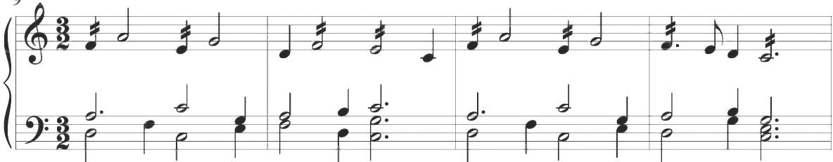 Byrd, The Carman&rsquo;s Whistle, mm. 9-12；As described in Byrd&rsquo;s previous composition, this repeated rhythmic figure is further presented within the fourth variation of Cabezón&rsquo;s Diferencias sobre las Vacas (2), as demonstrated below, and this same type of offset and interlocking pattern between the upper and lower voices is also maintained within the earlier work.