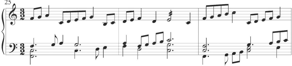 Byrd, The Carman&rsquo;s Whistle, mm. 25-27；The following third and fourth variations retain essentially comparable characteristics to the preceding sections, while the fifth variation, in measures 53 to 64, shows additional rhythmic motion in frequent eighth notes. A pattern of alternating eighth and quarter notes emerges in the first half of the section, while measures 59 and 60 repeat the ascending and alternating eighth-note motive of the previous variation. Measures 61 and 62 incorporate continuous eighth-note