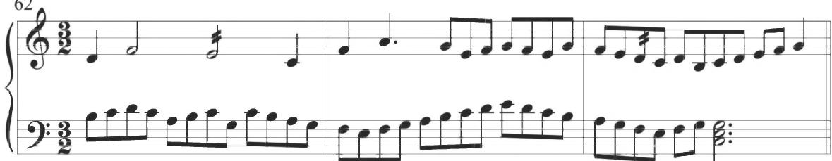 Byrd, The Carman&rsquo;s Whistle, mm. 62-64；Similar forms of complementary counterpoint are exhibited in Cabezón&rsquo;s previous diferencias, as observed in the concluding variation of the Discante sobre la Pavana Italiana shown below.