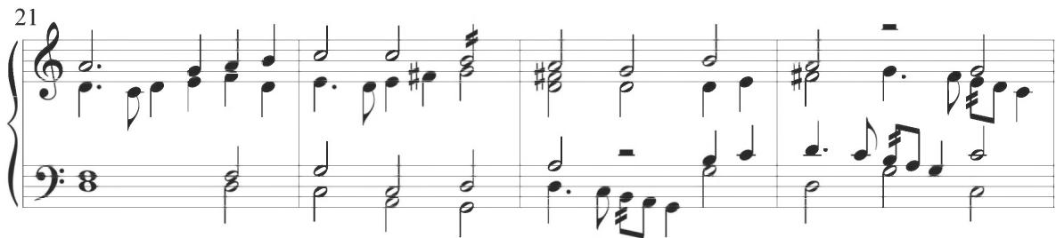 The third section of the composition includes a relatively thicker contrapuntal consistency, as also noted through many of Cabezón&rsquo;s works, while the subsequent fourth variation, in measures 49 to 64, provides a repeated motivic figure incorporating an initial eighth-note turn figure and subsequent scalar ascent in a common and closely comparable compositional technique. The fifth variation, encompassing measures 65 through 80, continues this same motivic pattern within the first two measures and provides additional eighth-note figuration through the remainder of the section. An alternating pattern comprising consistent three-note descents is presented within measures 68 to 70, as exhibited below.
