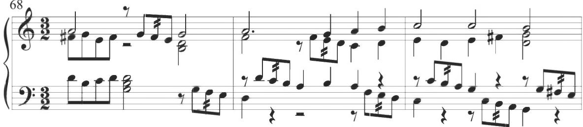 Byrd, The Maiden&rsquo;s Song, mm. 68-70；This same pattern of alternating scalar descents can be found in the later Diferencias de Folias of Cabanilles, as displayed below.