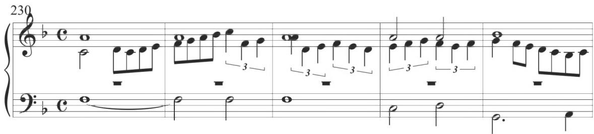Cabezón, Diferencias sobre “¿Quién te me enojó, Ysabel?, mm. 230-234；Following consistently alternating activity between upper and lower lines in the beginning of Byrd&rsquo;s variation, measures 92 and 94 present parallel motion in thirds with continued triplet