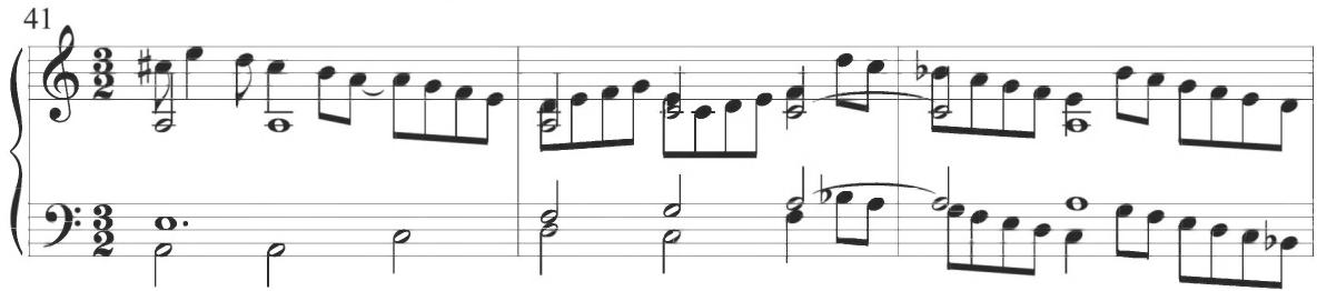 “Antonio,” Pavana con su glosa, mm. 41-46；Similar stylistic characteristics comprise the final two variations. A further series of stepwise parallel sixths appears between the upper voices at measure 103. The final structural section presents a consistent motivic pattern including an eighth-note turn figure and frequent concluding drop of a third, as demonstrated below and as also seen within numerous earlier