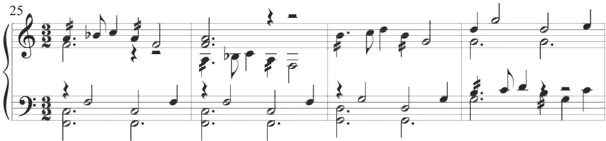 Byrd, The woods so wild, mm. 25-28；The fifth variation of the composition retains closely similar figuration to the preceding section, while the sixth variation, in measures 41 to 56, moves the fundamental thematic melody to the alto and incorporates a persistent figural line in primary stepwise eighth notes in the soprano. The following seventh section, encompassing measures 49 to 56, moves the basic theme back to the upper line and places the previous running figuration in the bass. The final two measures of