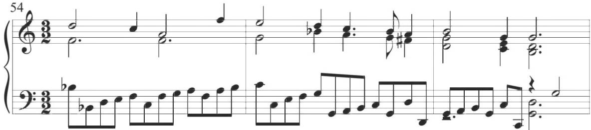 Byrd, The woods so wild, mm. 54-56；While Cabezón&rsquo;s principal compositional style most typically includes primary stepwise motion throughout, a preceding instance of similar intervallic figuration can be found in the Diferencias sobre el ‘Canto del Cavallero’, as shown below.