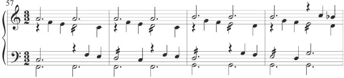 Byrd, The woods so wild, mm. 57-60；The following three variations, including numbers nine to eleven and beginning at measure 65, each present a specific repeated motive, with a structural format closely comparable to numerous preceding compositions. The ninth section of the work begins with an alternating pattern containing three-note groups of ascending scalar eighth notes, concluding with quarter notes and producing a larger passage of three descending figures, as displayed below. Measures 71 and 72 of the section alternatively incorporate repeated turn figures in eighth notes.