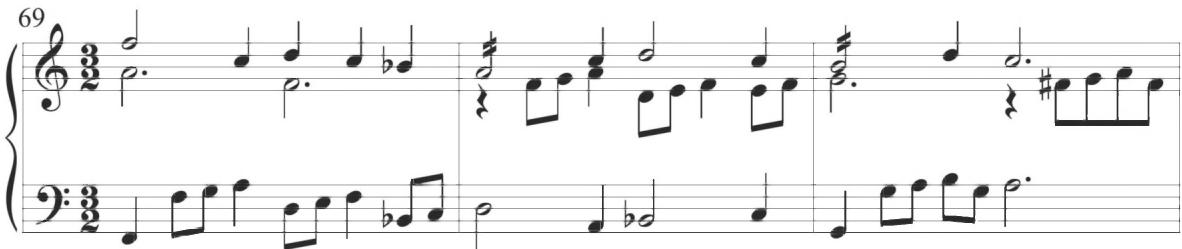 Byrd, The woods so wild, mm. 69-71；While similar types of figuration are displayed through the earlier Spanish variations of Cabezón, this specific style of singular alternating motives is even more indicative of the later Iberian variations of Correa and Cabanilles, as well as numerous contemporary Italian compositions, providing additional indications of certain musical influences returning to Spain during the seventeenth century. A particular instance of Byrd&rsquo;s initial three-note descending scalar groups can be found through a roughly retrograde and inverted form at the conclusion of Cabanilles&rsquo;s following Pasacalles III, as presented below.