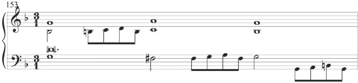 Correa, Cancion glosada, m.153；The beginning of the tenth variation of Byrd&rsquo;s composition, in measures 73 to 76, encompasses alternating groups of repeated four-note eighth note stepwise descents. Further parallel and complementary contrapuntal activity appears in the upper and lower lines at measure 76. The motivic pattern changes slightly in measures 77 through 78 to conversely comprise repeated three-note groupings, as exhibited below, with a series of extended five- and six-note descents taking over in the final two measures of the variation against a pattern of parallel thirds between the upper lines.