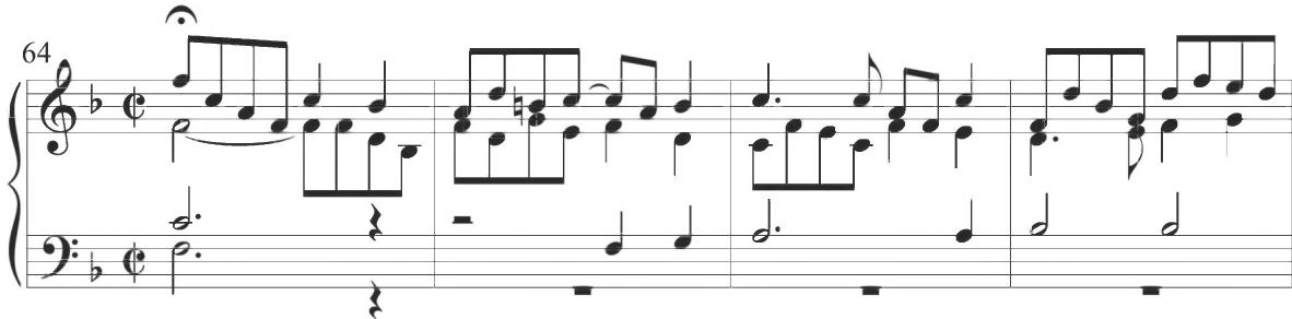 Cabezón, Diferencias sobre el ‘Canto del Cavallero”, mm. 64-67；An additional form of broken figuration, also comparable to Cabezón&rsquo;s previous musical style, appears between the polyphonic voices in a rhythmically offset contrapuntal passage at the beginning of Byrd&rsquo;s eighth variation, comprising measures 57 to 64, as displayed in the example below.