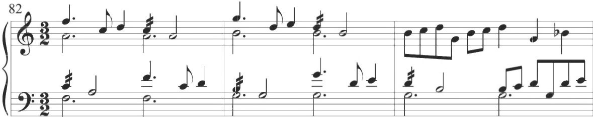 Byrd, The woods so wild, mm. 74-79；Comparable repeated patterns including intervallic leaps and subsequent stepwise ascents are displayed within the third variation of Cabanilles&rsquo;s Pasacalles II, as well as the fifteenth section of the Pasacalles V, as demonstrated below, in addition to the more closely contemporary fifth partita of Trabaci&rsquo;s Partite artificiose sopra il tenor di Zefiro.
