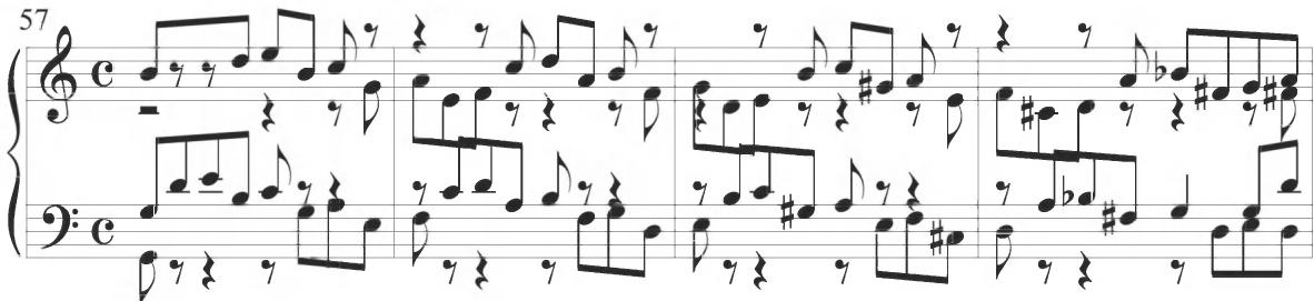 Cabanilles, Pasacalles V, mm. 57-60；This particular motivic figure disappears within the fourth measure of Byrd&rsquo;s structural section, and scalar eighth-note patterns in alternating lines make up the remainder of the variation. The final section of the composition contains a contrapuntal combination of various preceding figural styles.