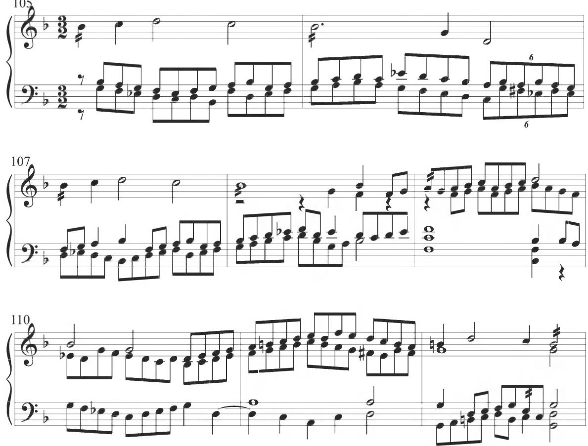 Byrd, Walsingham, mm. 105-112；While such parallel activity is common to the preceding Spanish tradition, a particularly similar contrapuntal passage appears in the final variation of the preceding Diferencias sobre el ‘Canto del Cavallero’ of Cabezón, as displayed below.