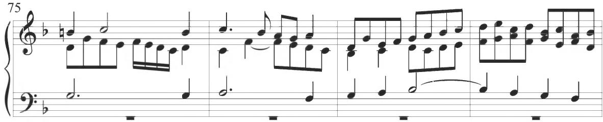 The following fifteenth variation of the English composition, including measures 113 to 120, begins with a repeated motive comprising an eighth note and subsequent sixteenth-note stepwise turn figure, as demonstrated below.