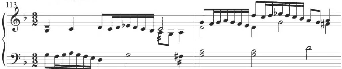 Byrd, Walsingham, mm. 113-114；A comparable pattern of motivic figuration in slightly slower rhythmic values is displayed in the sixth, seventh, and eighth variations of Cabanilles&rsquo;s succeeding Pasacalles II, as also presented below.