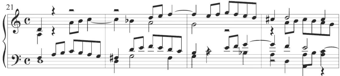 Cabanilles, Pasacalles II, mm. 21-24；Beginning at measure 117, the primary figuration of Byrd&rsquo;s variation changes to incorporate continuing triplet motives, with a musical form corresponding to the preceding composition of Woods so wild described above. Various triplet figures with differing rhythmic and intervallic patterns are maintained throughout the following two structural sections, as demonstrated at the beginning of the sixteenth variation below.