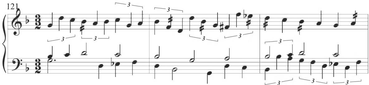 Byrd, Walsingham, mm. 121-123；As described in the composition above, comparable figural patterns occur throughout Cabezón&rsquo;s variations, as noted in the sixth section of the Diferencias sobre el Villancico &lsquo;¿Quién te me enojó, Ysabel?&rsquo;, additionally displayed below.