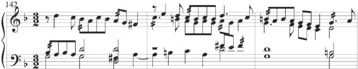 Byrd, Walsingham, mm. 142-144；In addition to the roughly analogous parallel activity at the conclusion of Cabezón&rsquo;s Diferencias sobre el &lsquo;Canto del Cavallero&rsquo;, a pattern of similar repeated eighth-note turn figures in parallel thirds appears in the tenth diferencia of Cabanilles&rsquo;s later Pasacalles I, as exhibited below.
