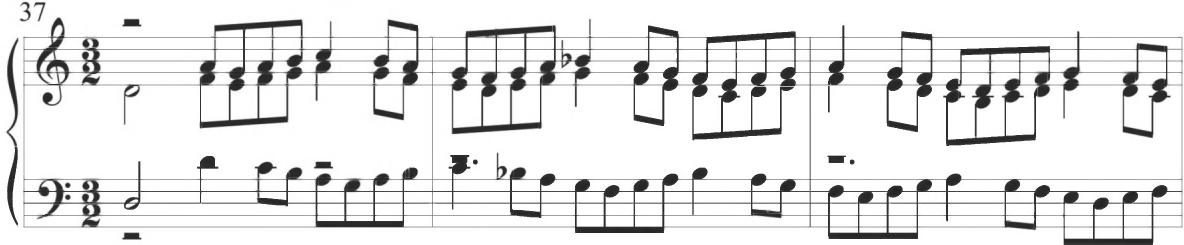 Cabanilles, Pasacalles I, mm. 37-39；The following nineteenth variation of Byrd&rsquo;s composition, comprising measures 145 to 152, employs a consistent ascending stepwise dotted figure that moves successively through each polyphonic voice in close imitative stretto, particularly in the final three measures of the section viewed below.