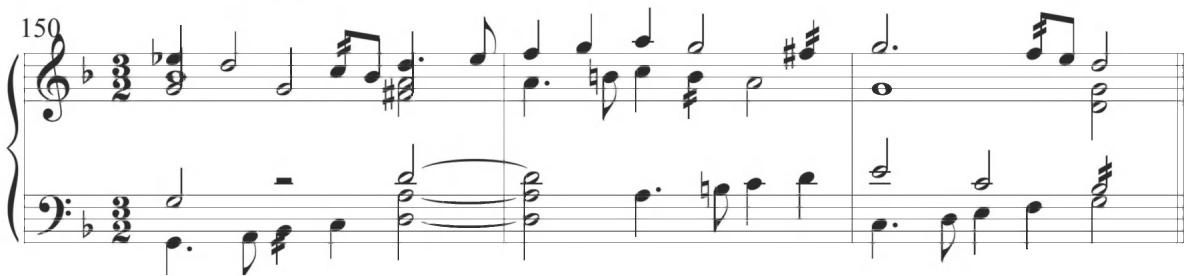 Byrd, Walsingham, mm. 150-153；As previously described, this same type of dotted figuration, in addition to frequent imitative activity, is found throughout the earlier Spanish variation sets. This form of close contrapuntal stretto is also directly indicative of the later Iberian style of Cabanilles, with a specific example provided at the beginning of the Gallardas $V$ below.
