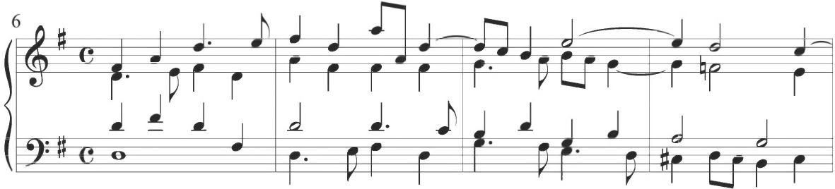 Cabanilles, Gallardas V, mm. 6-9；The subsequent twentieth variation of the set incorporates a comparable polyphonic style, with contrasting descending figures. The twenty-first section of the composition, including measures 161 through 168, conveys a continued polyphonic consistency and similarly repeated figural characteristics, but further provides an ornamental turn figure closely related to the preceding Iberian tradition, as demonstrated below.