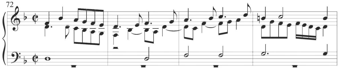 Cabezón, Diferencias sobre el &lsquo;Canto del Cavallero&rsquo;, mm. 72-75；The third variation of the work of Byrd, including measures 37 to 48, continues with similar dotted figures, but also begins with a repeated motive consisting of a scalar descent in quarter notes and intervening half notes, as additionally exhibited below.