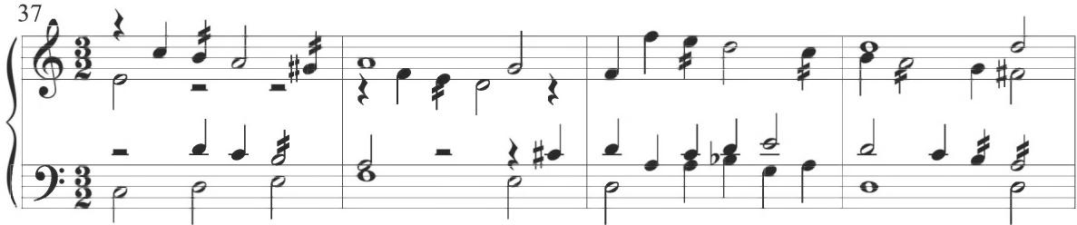 Byrd, &lsquo;The seconde grownde&rsquo;, mm. 37-40；Comparable figuration in a conversely ascending line is also presented within the fifth variation of the preceding Diferencias sobre las Vacas (2) of Cabezón, as seen below.