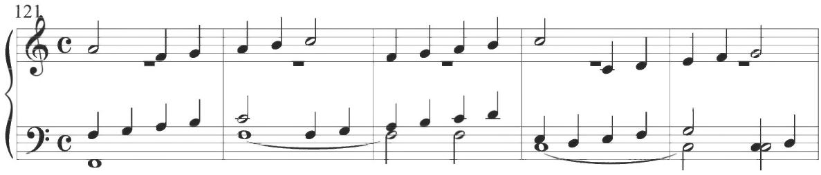 Cabezón, Diferencias sobre las Vacas (2), mm. 121-125；The designated fourth variation of the composition showcases a series of repeated turn figures, while the following fifth variation, in measures 61 to 72, presents consistent motives comprising eighth-note scalar ascents. Both of these figural patterns have been noted throughout multiple preceding compositions of Byrd, as well as within numerous earlier Spanish diferencias. The sixth variation initiates a passage in triplet figuration with quarter notes, while the following section continues this same style with eighth-note sextuplets. Both of these characteristics have been described within several English works, in addition to the corresponding variations of Cabezón. Following further sections with fundamentally similar styles, the tenth variation of the composition, containing measures 121 through 132, provides additional parallel activity as well as repeated scalar patterns in close stretto, as exhibited below.