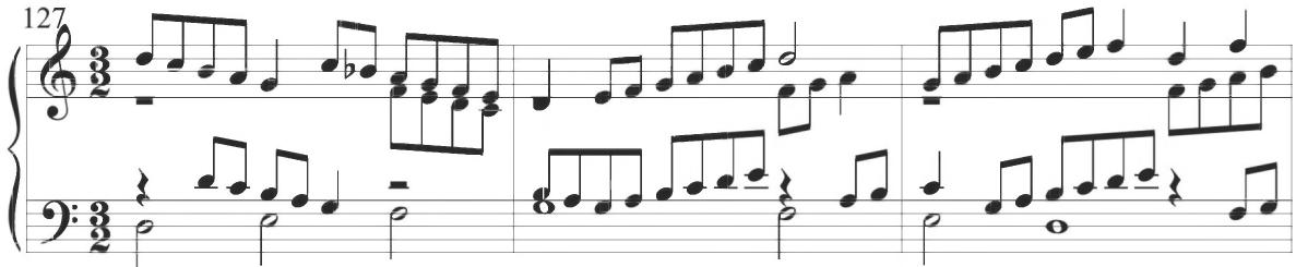 Byrd, &lsquo;The seconde grownde&rsquo;, mm. 127-129；Similar figuration occurs throughout the works of Cabezón, with a specific example included at the conclusion of the Discante sobre la Pavana Italiana, shown below.