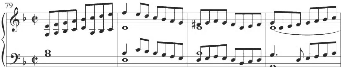 Cabezón, Discante sobre la Pavana Italiana, mm. 79-82；A further example of this same type of repeated scalar figuration in close stretto and consequent parallel motion appears in the later Pasacalles III of Cabanilles, providing additional indication of continuing stylistic influences between England and Spain, as demonstrated below.