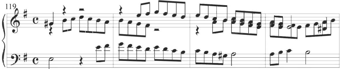 Cabanilles, Pasacalles III, mm. 119-122；Byrd presents further parallel and complementary contrapuntal activity in the thirteenth variation of the composition, including measures 157 to 168 and exhibited in the example below.