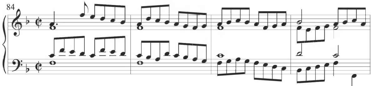 Cabezón, Discante sobre la Pavana Italiana, mm. 84-87；The following two variations of the composition continue different forms of triplet figuration, while the sixteenth and final variation, comprising measures 193 through 206, initially maintains relatively thick contrapuntal motion and conversely concludes with a sixteenth-note ornamental passage against a typical chordal accompaniment.