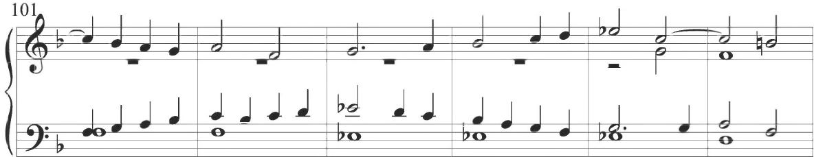 The second variation of the English composition continues with a fairly typical contrapuntal pattern, while the following third variation, including measures 33 to 48, provides a series of repeated motives encompassing a preliminary dotted half note and subsequent quarter-note ascent, followed by the intervallic drop of a third and final leap of a sixth. The fourth section incorporates an ornamental chromatic turn figure at measure 52 and extended stepwise parallel thirds at measure 62. The fifth variation displays a successive series of brief stepwise ascents, followed by the same pattern in stretto within measures 69 and 70. This figuration becomes a descending line in alternating rhythmic durations in subsequent measures, followed by final eighth-note arching motion at measures 76 through 80. This constant eighth-note passagework is retained through the entire sixth section and shifts slightly in the following seventh and eighth sections to encompass triplet figuration in a seemingly consistent English style. The following ninth section, in measures 127 to 142, showcases alternating turn figures, additional parallel motion, and greater intervallic motion than in previous sections, as displayed below.