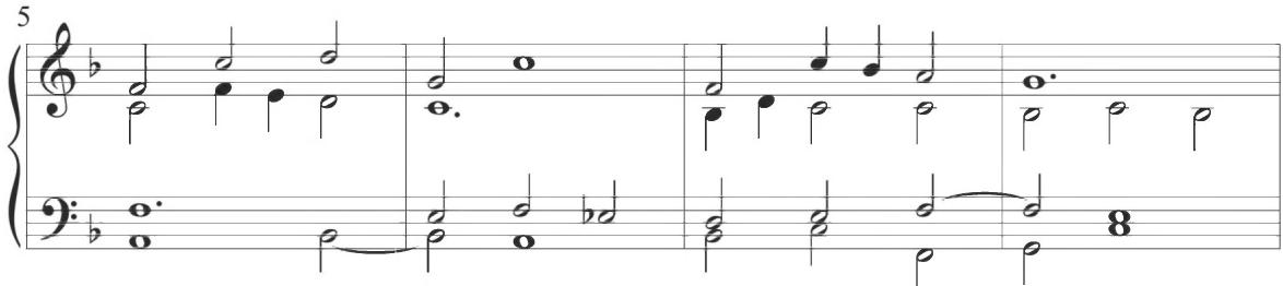 Cabanilles, Paseos IV, mm. 5-8；The following tenth variation of the work, encompassing measures 143 to 158, begins with further contrapuntal activity in parallel and complementary motion in eighth notes between the upper and lower polyphonic lines, as presented below. The second half of the variation provides recurrent triplet figuration, first with rhythmically longer quarter notes and ultimately again with a series of ornamental eighth-note sextuplets.