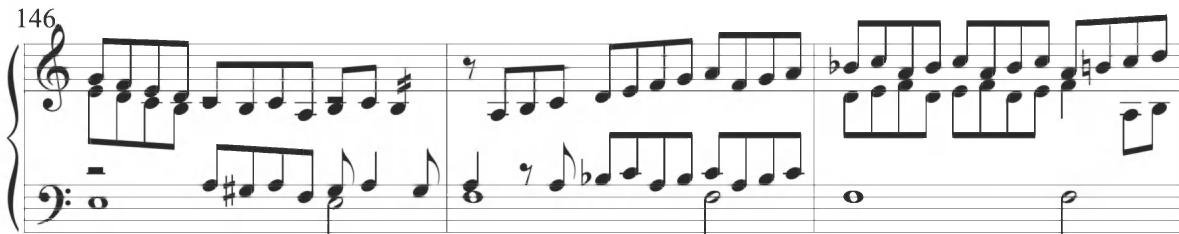 This persistent contrapuntal figuration exhibits close stylistic similarities with the preceding Spanish variations of Cabezón, as demonstrated in a specific instance at the conclusion of the Diferencias sobre el ‘Canto del Cavallero’ shown below.