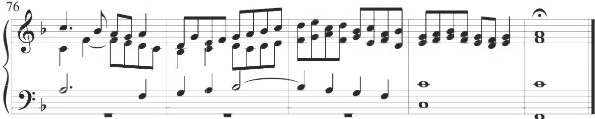 Cabezón, Diferencias sobre el &lsquo;Canto del Cavallero&rsquo;, mm. 76-80；The eleventh variation of the English work continues in constant eighth-note figuration and frequent parallel activity, while the final twelfth section, beginning within measure 175, returns to the rhythmically slower and polyphonically thicker style of the first structural section, with ornamental turn figures at measures 180 and 184.