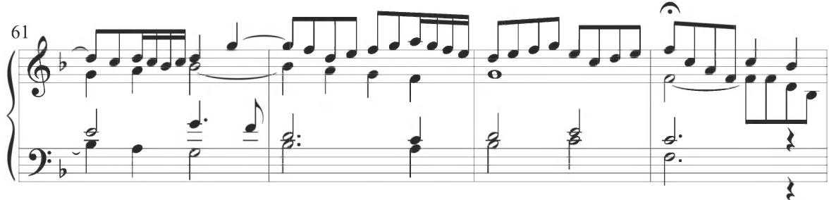 Cabezón, Diferencias sobre el &lsquo;Canto del Cavallero&rsquo;, mm. 61-64；A particular example of the type of chordal figuration and principal polyphonic consistency within measure 65 of Byrd&rsquo;s variation also appears at the beginning of Cabezón&rsquo;s Diferencias sobre la Gallarda Milanesa, as exhibited below.