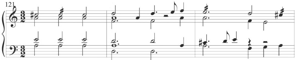 Byrd, My Lady Nevell&rsquo;s Ground, mm. 121-123；This same form of preliminary chordal characteristic also occurs within the Iberian keyboard tradition, as demonstrated in the early Spanish Pavana con su glosa below.
