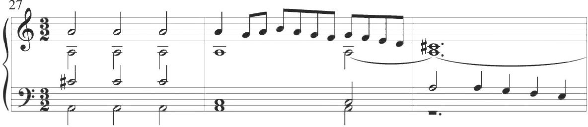 “Antonio,” Pavana con su glosa, mm. 27-29；The final measures of the composition, including a three-measure concluding coda, incorporate a pattern of sixteenth-note ornamental passagework against a relatively simple and largely typical chordal accompaniment.